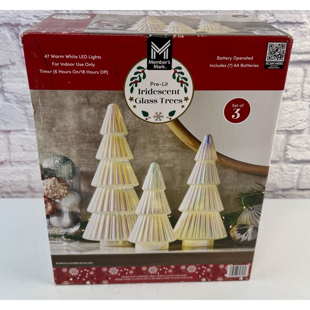 Members Mark Pre Lit Iridescent Glass Trees Set Of 3 9-15" Tall Battery Operated